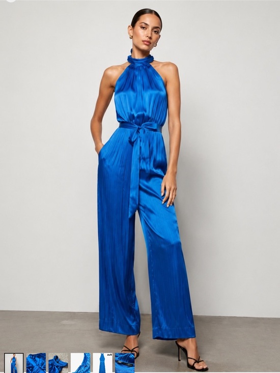 Zara Pants - Zara Halter-Neck Wide-Leg Jumpsuit in Cobalt Blue with Waist Tie